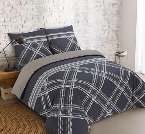 Vision - Parure de lit Réversible 100% Coton - William Beige/Gris - Set de Housse de Couette 240x220 cm avec 2 taies d'oreiller pour lit Standard 2 Personnes - Fibres Naturelles - Oekotex