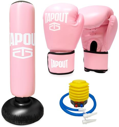 TAPOUT Kids Pink Boxing Kit: 8 oz Gloves, Inflatable Punching Bag with Pump, Mesh Carrying Bag Included (Pink)