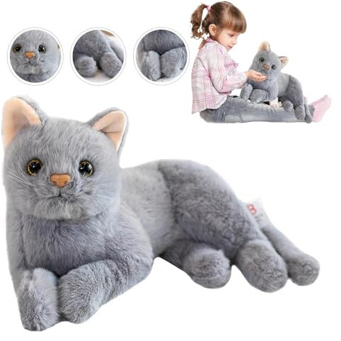 Semazz Peluche Chat Réaliste, Doux et Mignon - Jouet en Peluche pour Femme, Enfants - Décoration de Maison ou de Voiture - Gris