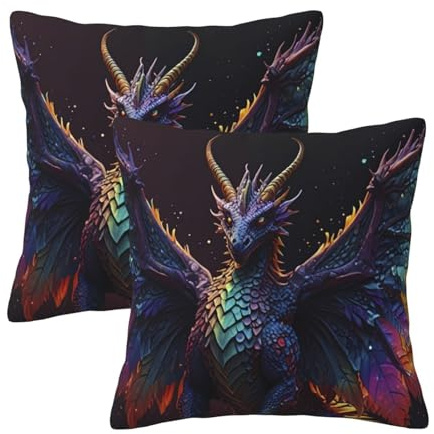 VOSERY Juego de 2 fundas de almohada de dragón majestuoso con alas de arco iris, 12 x 12 pulgadas, funda de cojín suave decorativa para sofá, cama, sala de estar, casa de campo