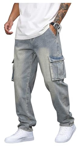 Verdusa Men's Cargo Jeans Straight Leg Denim Pants Relaxed Outfits Washed Jeans with Pockets Grey Medium