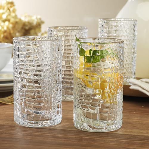 Glaver's Highball Lot de 4 verres transparents texturés à motif craquelé pour usage quotidien à la maison, au bar pour l'eau, le jus, les cocktails, les smoothies.