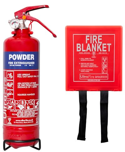 UltraFire Fire Safety Bundle - 1kg Powder Fire Extinguisher and 1.0m x 1.0m Hard Case Fire Blanket | For Homes, Caravans, Boats, Workshops | Dry Powder Extinguisher and Fire Blanket - 5 Year Warranty