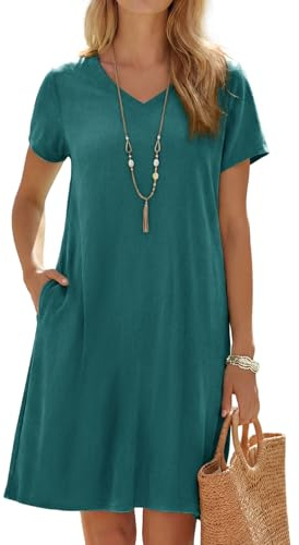 Enmain Vestido Lino Verano Mujer Manga Corta Cuello V Verde Azulado Vestidos Mujer Casual Midi Playa con Bolsillos hasta la Rodilla sin Accesorios XL