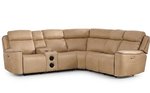 Hugo Techtronic Leather Like Electric Reclining Corner Sofa With Bluetooth + Speakers with - Wireless Charging - Cooling Cooling Cup Holders - USB Ports (Brownish Beige)
