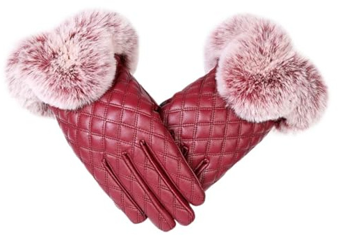 XUWEWI Läderhandskar för damer läderhandskar kvinnor varm tjock vinter eleganta flickor vantar, Röd, en storlek