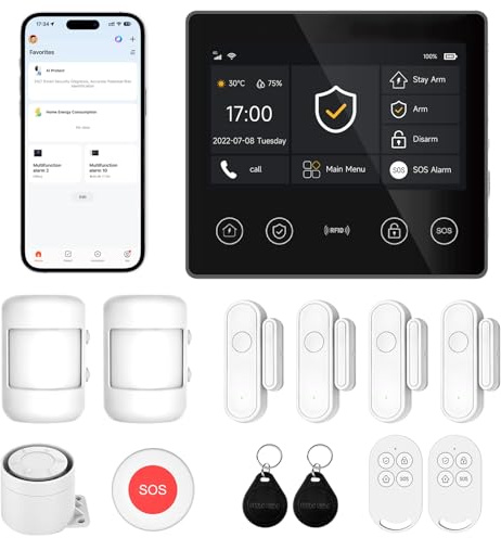 XUK Alarme Maison sans Fil 4G + WiFi, Kit Alarme sans Abonnement | Écran tactile 4,3, détecteurs d'ouverture et de mouvement inclus, application Tuya Smart, compatible Alexa & Google