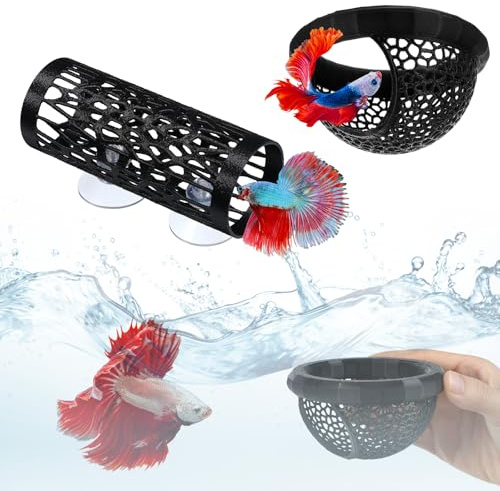 2 stycken Betta fisktunnlar set – flytande hängmatta och ihålig cylinder med sugkopp, säkert rutnätsgömställe för stridsfiskar och räkor, akvariedekoration grotta, akvarietillbehör, svart