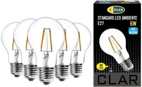 CLAR - Bombilla Filamento, Bombilla Filamento LED E27, Bombillas Decorativas, Bombilla Vintage, Bombilla LED E27 Vintage, 6W 4000ºK (Pack 5)
