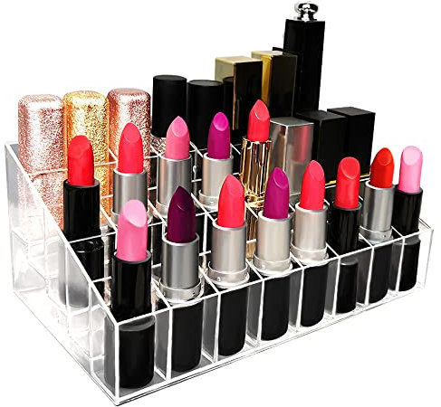 TACYKIBD 40 Slots Lipstick Organiser, Acrylic Clear Makeup Storage Box Cosmetic Display Stand Rack, Lipstick Holder for Brush Nail polish Nail Varnish Perfume (40 Slots)