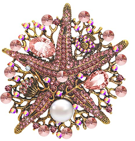 KristLand - Animal Marino Vintage Estrella de Mar Broche con Cristales Austriacos Perla Broche para Mujer Fiesta Boda Regalo de Mujer Traje Pin Navidad Oro Tono Rosado