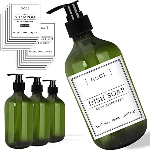 4 Pack 500ml Soap Pump Bottle Dispenser, Empty Plastic Lotion, Dish Soap, Shampoo and Conditioner Bottles, Liquid Soap Dispenser with Waterproof Labels and Funnel for Bathroom, Kitchen, Hotel (Green)