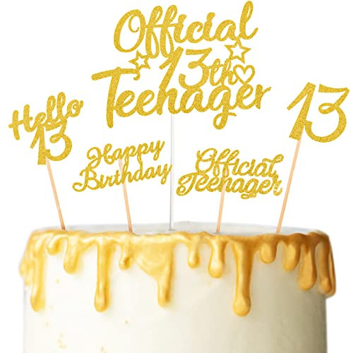 13 Pièces Toppers de Gâteau 13e Anniversaire Pics à Cupcake Official Teenager Hello 13 Topper de Gâteau Happy Birthday Kit de Décoration de Gâteau à Paillettes pour Fête (Or)