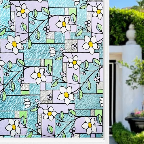 Zindoo Stained Glass Window Film Privacy, Frosted Window Film for Glass Windows, Self Adhesive Static Cling without Glue, Window Stickers Privacy Film Anti UV for Home Bathroom Office(30x200cm)