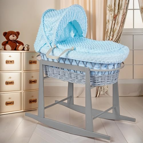 Babymam Moses Basket Wicker Grey Rocking Stand Baby Padded Dimple Blue Bedding Full Set with Mattress