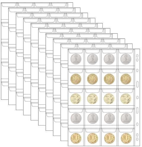 Vueinrg 10 Fogli Raccoglitore Monete Tasche Porta Monete da Collezione Portaoggetti Album Bustine per Monete con 9 Buche Standard 20 Scomparti per 2 Euro Monete Penny Francobolli