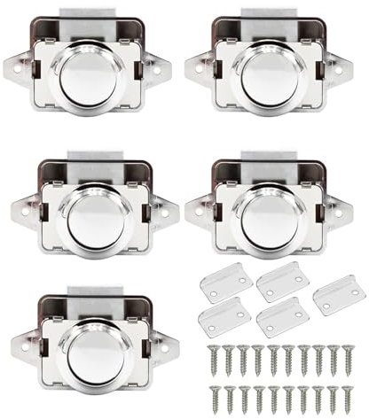 Jinlaili 5 Piezas Botones De Metal Cerraduras De Armario,Botón de Cierre Cerraduras de Pestillo,Cerradura de puerta sin llave,para Autocaravanas Yates Cajones (Cromo brillante)