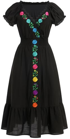 EFOGEP Robe mexicaine pour femme - Printemps - Été - Traditionnel - Manches courtes - Col en V - Broderie florale - Robe de plage Cinco De Mayo - Costume ethnique bohème décontracté, Noir , XL