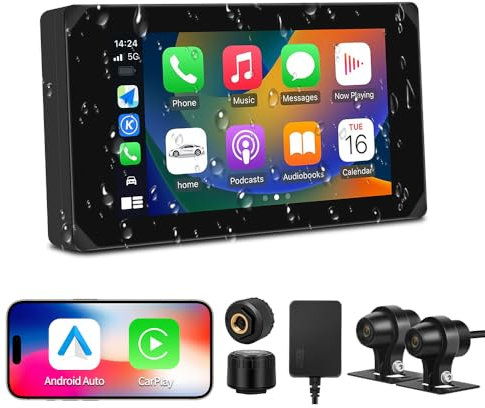 VSYSTO Schermo per moto, CarPlay e Android Auto Senza Fili, 5'' Schermo Carplay Moto con Doppia telecamera 1080P, Impermeabile IP65 Touchscreen con Navigation GPS, Bluetooth, Siri/Assistant, TPMS