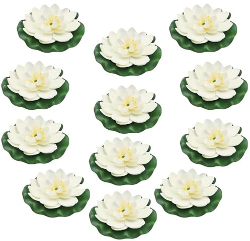 MHYGKTXRA 12pcs Floating Foam Lotus Flowers with Lily Pads, Artificial Pond Plants Ornaments for Pool Aquarium Water Decoration, White
