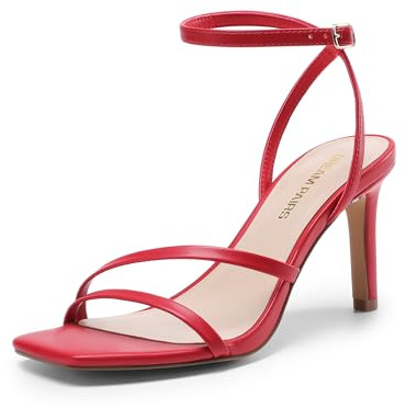 DREAM PAIRS Sandalias de tacón alto con punta abierta y tiras ajustables para mujer, tacones de aguja, correa de tobillo, bombas sexys y cómodas, sandalias de vestir para fiesta y boda, Rojo, 39.5 EU