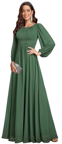 Ever-Pretty Vestido de Fiesta Largo Plisado sin Elasticidad A-línea Corte Imperio Chiffón para Mujer Elegantes Verde Eucalipto Verde Eucalipto 40