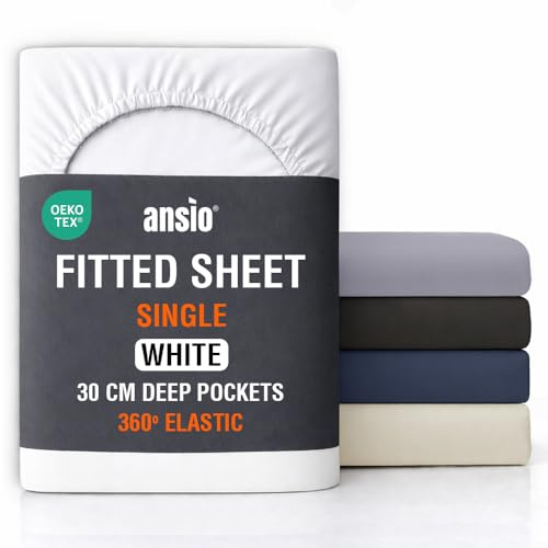 ANSIO® Single Fitted Sheet Soft Brushed Microfibre Fabric – Deep Pocket 30cm – All-Around Elastic – OEKO-TEX Certified – Easy Care & Naturally Smooth After Wash - White