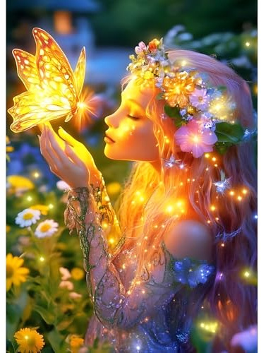 QQYRHN Butterfly Fairy Diamond Painting Kits för Vuxna Nybörjare, 5D Fantasy Diamond Art Kits, DIY Rund Full Drill Dreamland Gem Art med Målarutrustning Avslappnande Hantverk för Hem Väggdekoration
