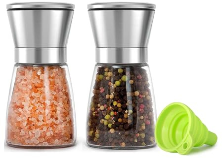 ZhouZGlass 2 Pcs Salt and Pepper Grinder, Stainless Steel Grinder Set, Adjustable Coarseness Salt Shakers for Spices, Sea Salts, Himalayan or Fresh Ground Pepper (180ML)