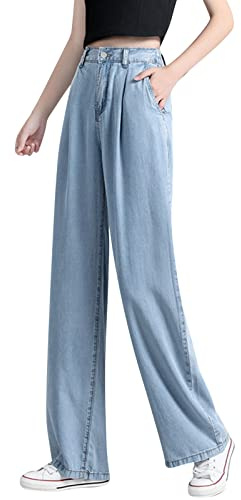 Jeans Femme Taille Haute- Pantalon Fluide Coupe Droite Drapé Fin à Enfiler avec Jambes Larges Pants en Denim DéContracté Ample Et Polyvalent Amincissantes Classique Baggy Jean