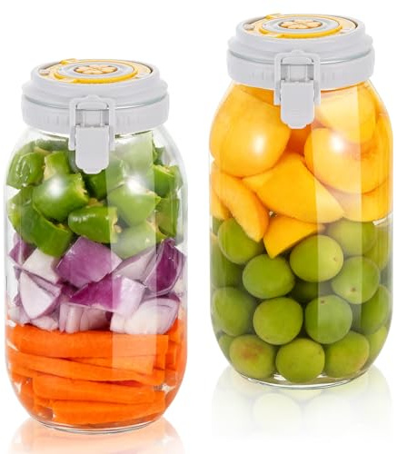 MegoSage 2 Pack Fermentation Jar with Automatic Venting & Date Marker - 2L Airtight Glass Storage Jar for Pickles, Kimchi, Jams, Dry Goods, Leak-Proof Food Container (0.53 US Gal / 67.6 US fl oz)