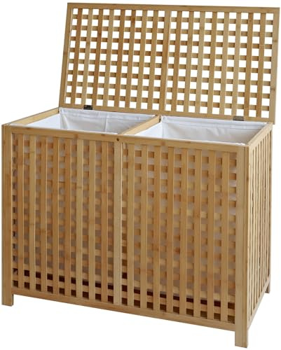 CLP Caja para ropa sucia con 2 compartimentos Dorothea, recolector de ropa, bolsas lavables extraíbles, marco de bambú para baño, Color:natura