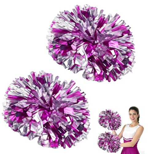 2 PCS Pom Poms Cheerleading, Cheerleader pom poms with Finger Ring Design, Purple and Silver Mixture Cheerleading Pom Poms for Sports Events and Dance Performances (Purple and Silver)