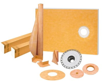 Schluter Kerdi Shower Kit with Shower Tray, Curb, Waterproofing Membrane, Strips & Seals - PVC Plastic, 38 x 60 Tray Size, Off-Center Outlet Position - KSK9651525SPVC