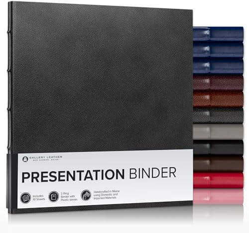 Gallery Leather 3 Ring Binder with Plastic Sleeves, Includes 10 Sheets, Sheet Size: 8.5 x 11 - Presentation Binder Rings with Hubbed Spine, Thick: 0.75 Belfast Black