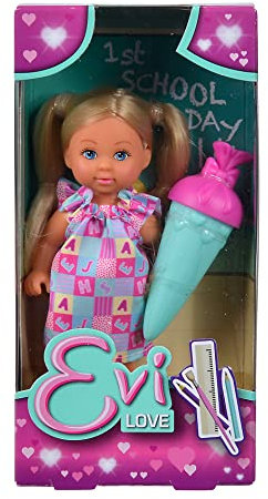 Evi Love 1st School Day, Spielpuppe an ihrem ersten Schultag, im süßen Kleid mit Schultüte, 12cm, ab 3 Jahre