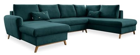 MIUFORM Scandic Lagom mit Bettkasten | 8 Sitzer Sofa | U-Form rechts | 312x202x90cm Couch | Klappsofa mit Schlaffunktion (Türkis)