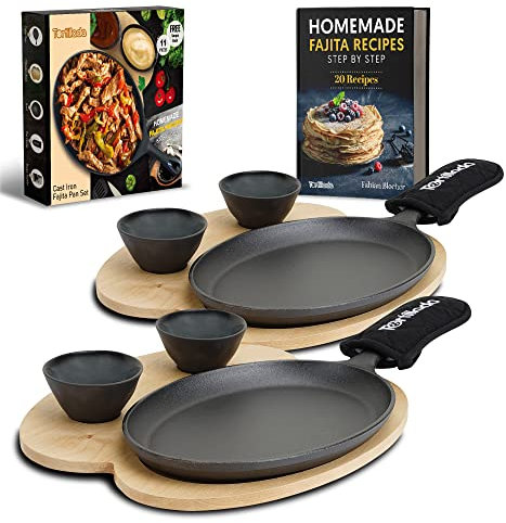 Tortillada - 25cm Fajita Cast Iron Griddle Pan/Fajitas Grill Pan - Includes Wooden Serving Tray + 2 Ceramic Dip Bowls (Set of 2)