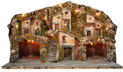 Mondo in Casa Presepe Villaggio Natalizio Completo illuminato con capanna e grotta per statuine artigianali, completo di luci Led calda.