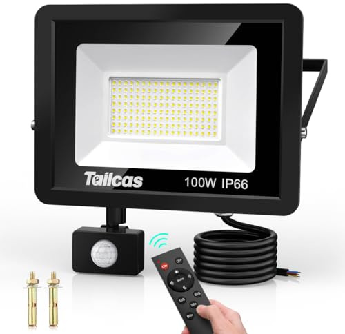 Tailcas 100W Security Lights Outdoor Motion Sensor with Remote Control, IP66 Waterproof PIR Sensor Lights, Super Brighter 9000 Lumen Outdoor Floodlights Wall Light for Garden, Yard