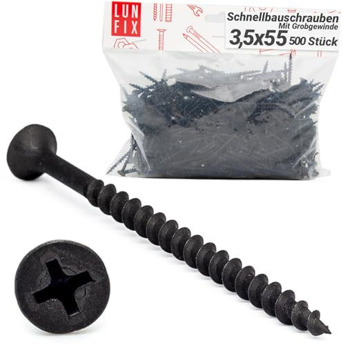 Vis autoforeuse 3,5x55 mm (500 Stück), Vis noir à bois, métal, bac acier | autoperforante petite pour cloison sèche | Vis à tête Phillips phosphatée pour charpente, plaque gypse, acier, Lin Fix