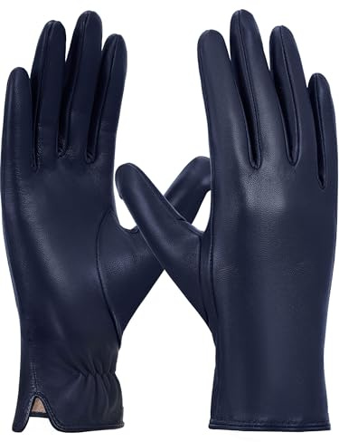 GSG SINCE 1998 Guanti Pelle Donna – Guanti da Guida in Pelle, Pelle di Pecora Senza Cromo, Compatibili Touchscreen, Foderati in Lana, Caldi Invernali, Blu Navy M