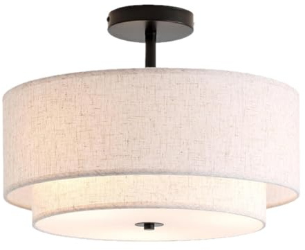 LOGT 12inch Modern Deckenleuchte mit Weiß Stoffschirm Innen Deckenleuchte Semi Flush Mount Rund Deckenbeleuchtung 3×E27 Hängende Deckenleuchten Ringe Deckenlampen für Schlafzimmer Esszimmer