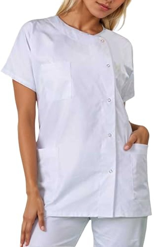 DaPongZhi Blouse Médicale Femme Tunique Tenue Infirmiere Professionnelle Blouse De L-aboratoire Manches Courtes Blanche Chemise de Médicale Col Rond Blouses Cuisine Blanche avec Poche Grande Taille