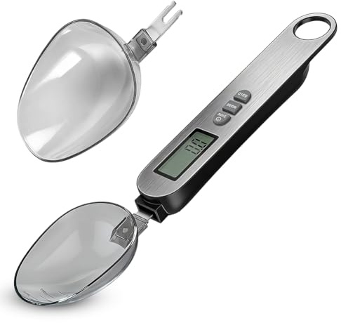Báscula digital de cocina de acero inoxidable, 1 a 500 g, escala 1: 5 – 25 ml, escala 2: 10 – 50 ml, resolución 0,1 g, tara, sostener, función de ahorro de energía, cuchara grande + cuchara pequeña