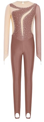 Nyeemya Turnanzug Mädchen Langarm Ganzkörper Voltigieranzug Lang Kinder Strass Glitzer Tanzoverall Farbblock Patchwork Jumpsuit Tanzanzug Leotard Dancewear Y_Altrosa 146-152