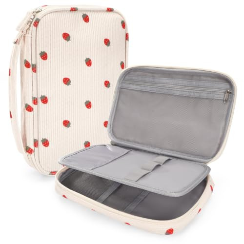 FINPAC Trousse à Crayons en Velours Côtelé, Grand Format (Plus de 100 Stylos), Idéale pour Crayons Aquarelle, Feutres, Stylos Gel et Gournitures de Bureau, Fraise