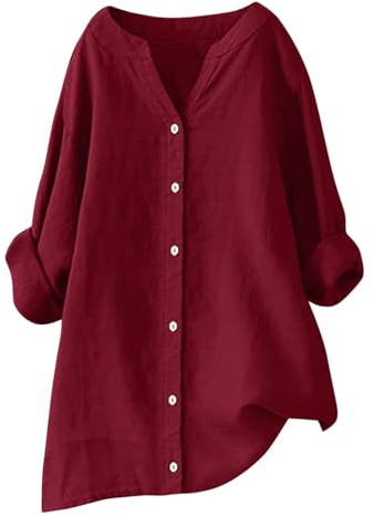 FlutVolt kvinnors muslinblus, sommar lång linneblus, lätt bomull långa blusar, t-shirt, plus size skjortblusar, eleganta linnetoppar, t-toppar, vardaglig enfärgad tunika, 02 Vin, XL