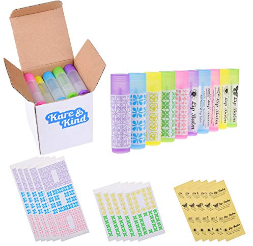Kare & Kind Tubes à Baume à Lèvres DIY – Lot de 25 (5x5 Couleurs) – 5,5 ml (3/16 oz) – Avec Étiquettes Écrites et Pré-imprimées – Mécanisme à Vis et Bouchon – Tubes Vides pour Créer Vos Chapsticks