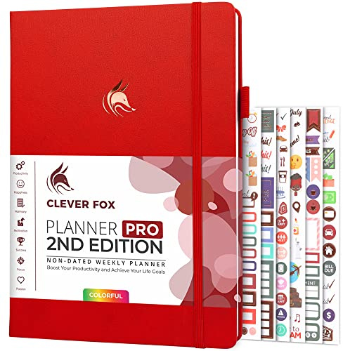 Clever Fox Planner PRO 2nd Edition – Undated Weekly Agenda for Tasks & Time Management – Life Organizer with To-do List, 21.5x28cm (Red)